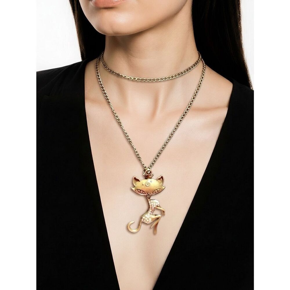 Bronze Jointed Kitty Necklace with Crystals